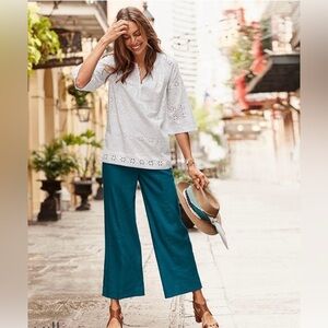 J. Jill Jenna Belted Full Leg Crop Linen Stretch Pants in Pacific Teal